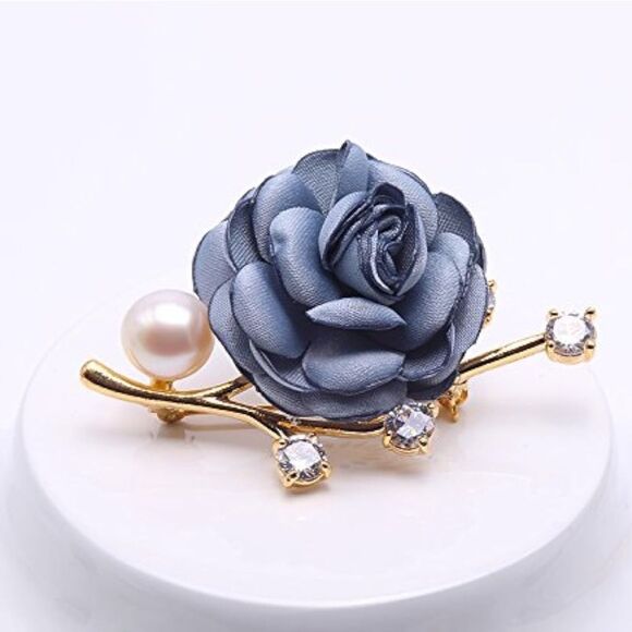 Brooch Blue Gold 11.5mm Rose Flower White Freshwater Pearl Bouquet Broach Pin A1 - Picture 7 of 8